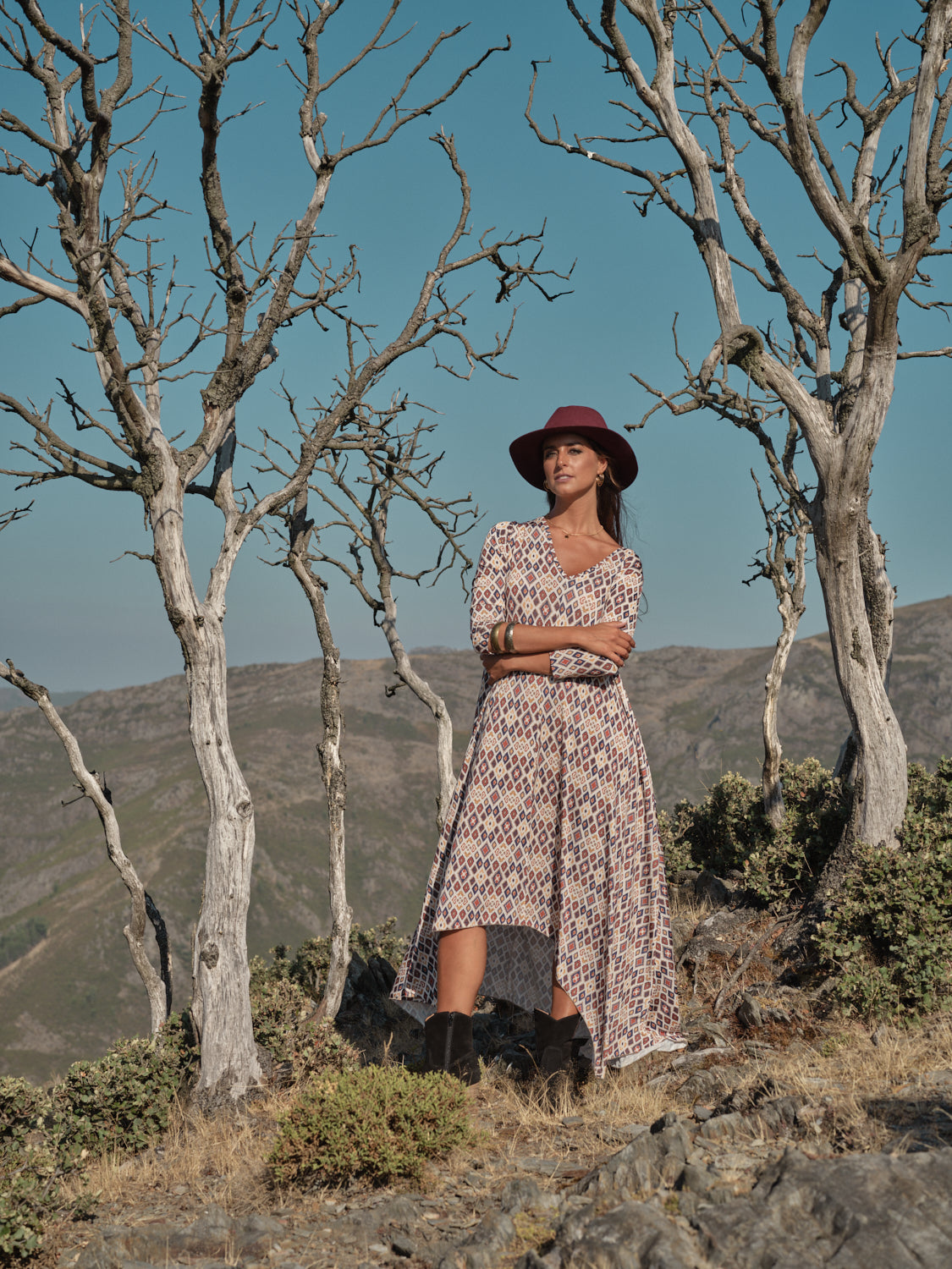 Vestido comprido em malha estampada