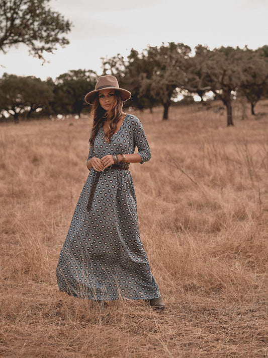 Vestido comprido em malha estampada